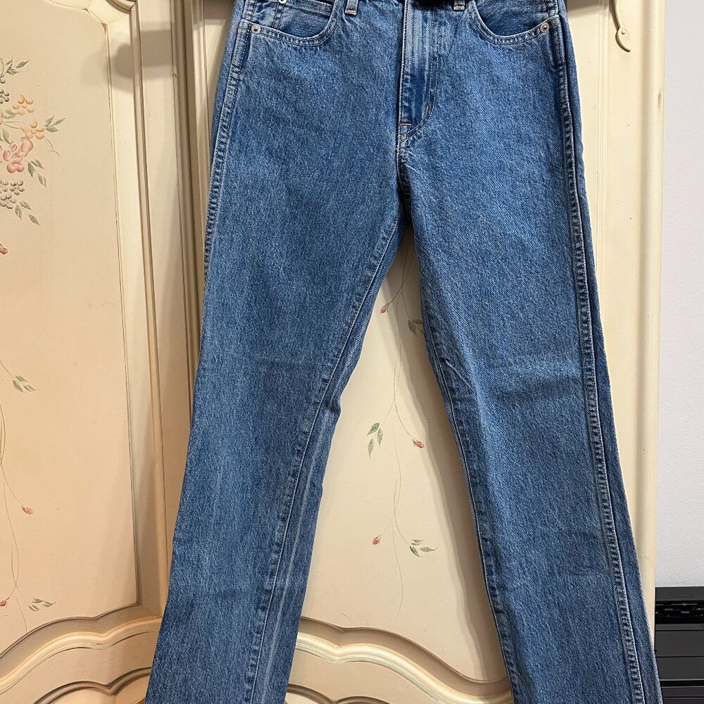 SLVRLAKE Hero High Waist Raw Hem Slim Straight Leg Jeans (Pacific, Size 24)